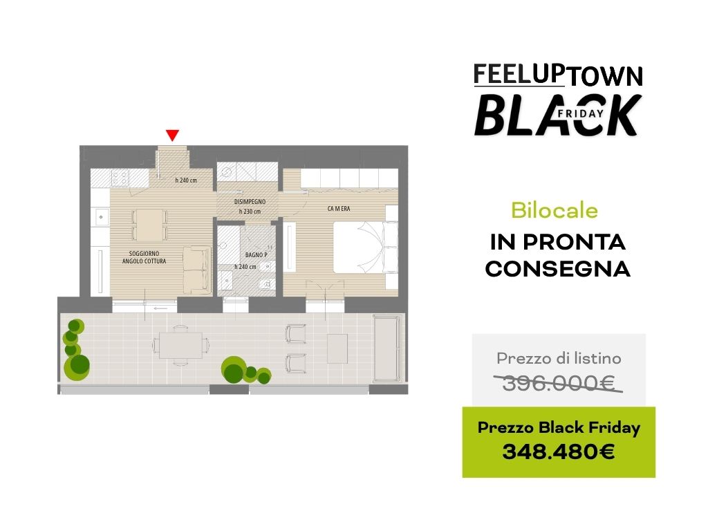 Planimetria bilocale in pronta consegna: prezzo di listino 396.000 €, prezzo Black Friday 348.480 €