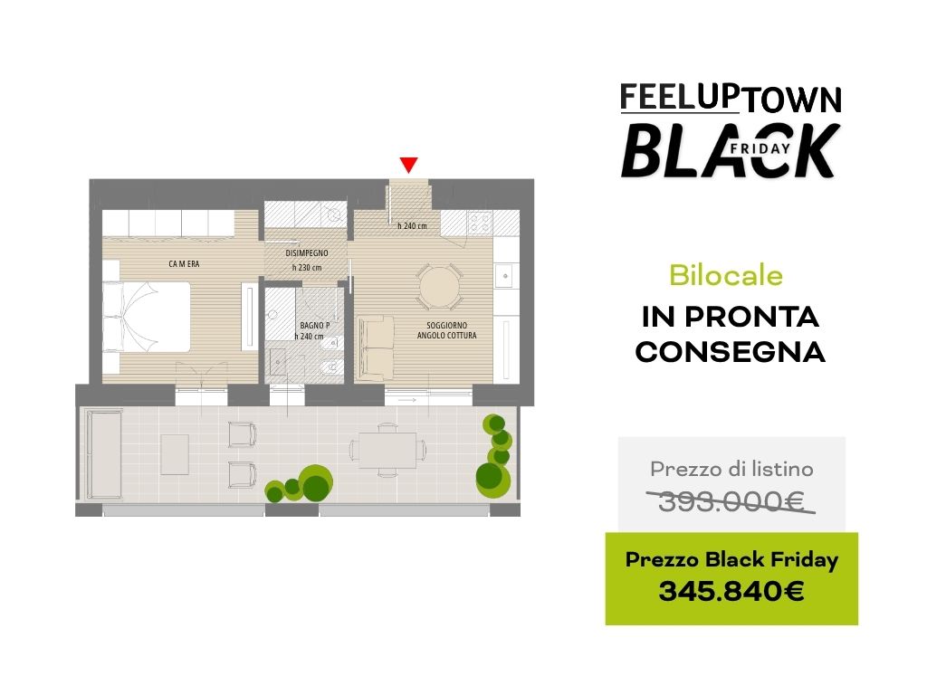 Planimetria bilocale in pronta consegna: prezzo di listino 393.000 €, prezzo Black Friday 345.840 €