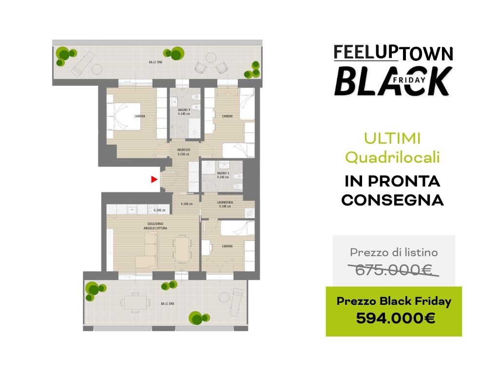 Planimetria quadrilocale in pronta consegna, ultime disponibilità: prezzo di listino 675.000 €, prezzo Black Friday 594.000 €