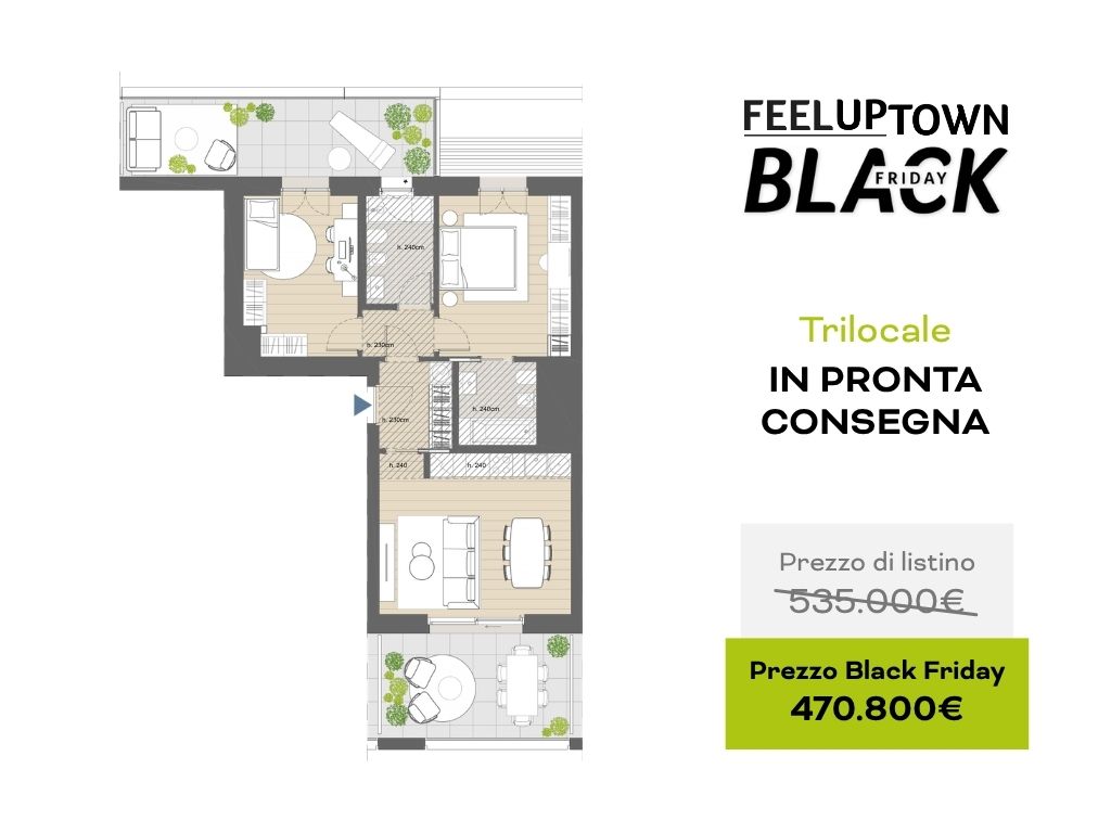 Planimetria trilocale in pronta consegna: prezzo di listino 535.000 €, prezzo Black Friday 470.800 €