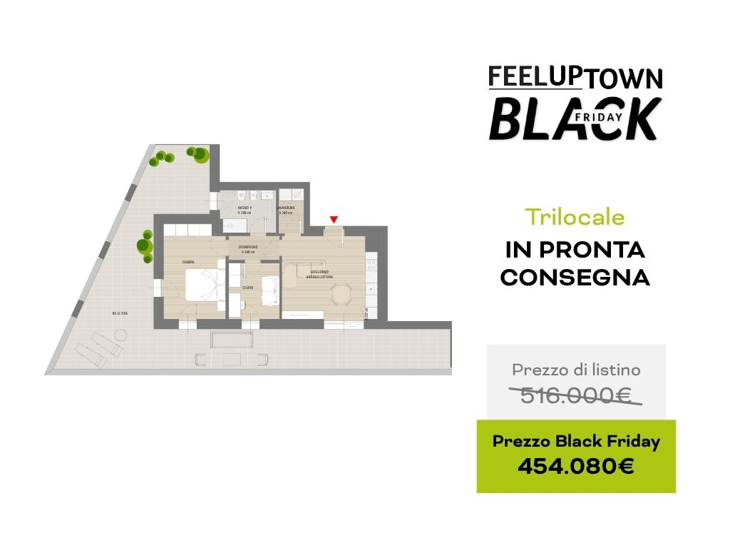 Planimetria trilocale in pronta consegna: prezzo di listino 516.000 €, prezzo Black Friday 454.080 €