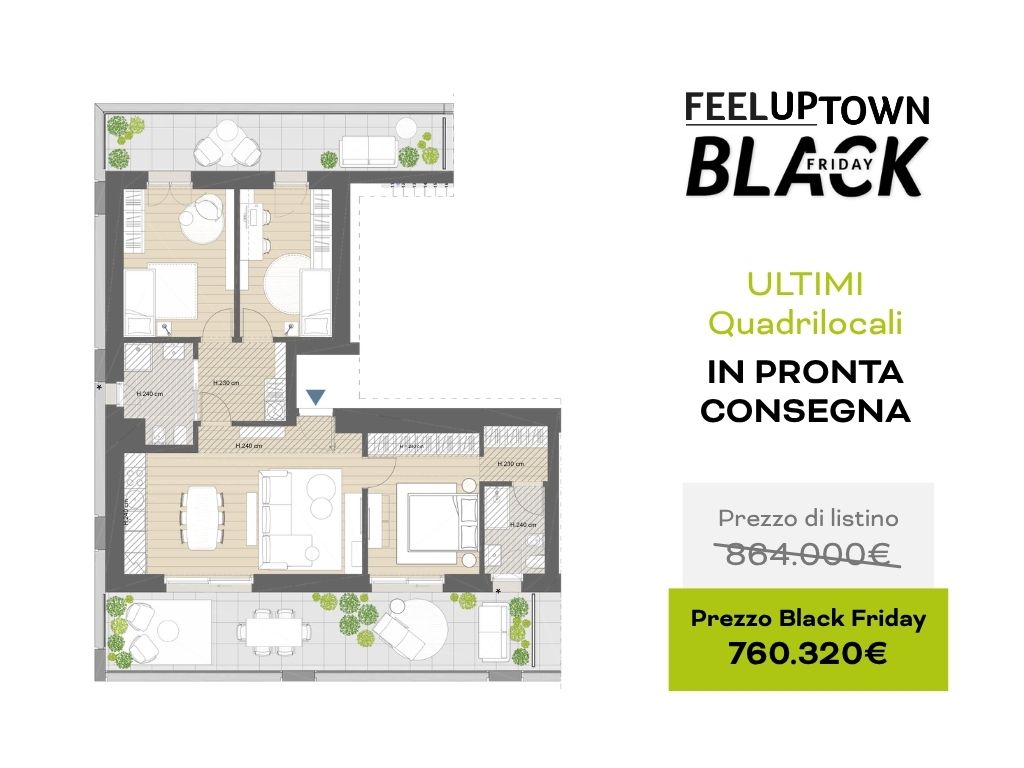 Planimetria quadrilocale in pronta consegna, ultime disponibilità: prezzo di listino 864.000 €, prezzo Black Friday 760.320 €