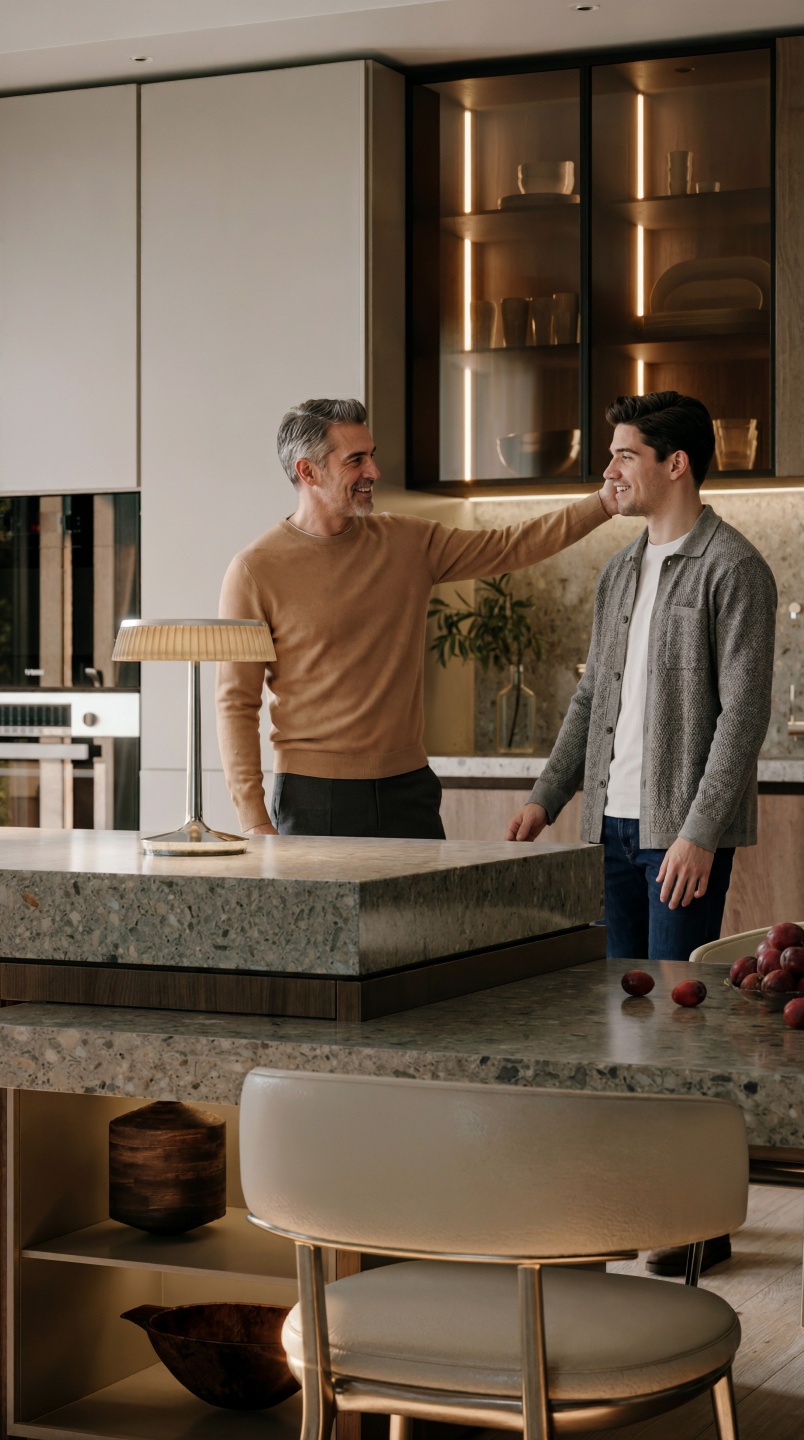 Pagre parlando con figlio in cucina