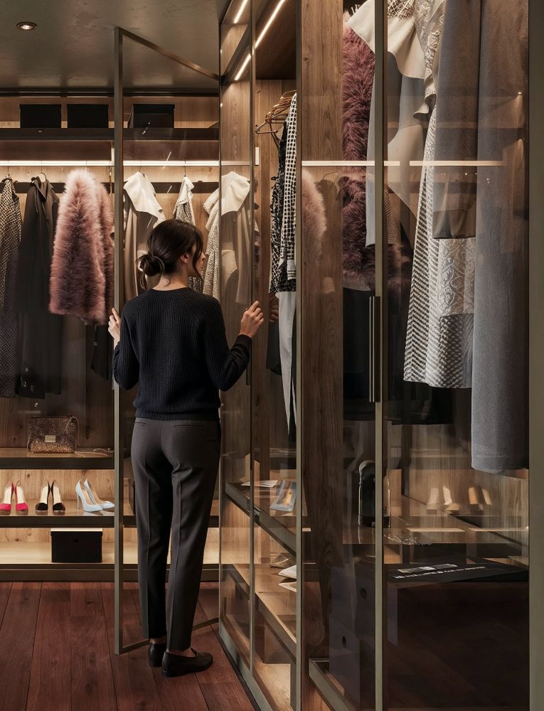 Ragazza cercando vestiti in armadio